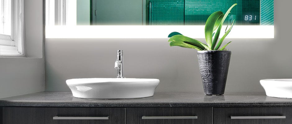 Seamless Clock in Lighted Mirror with sinks